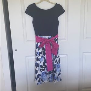 Eliza J navy floral cocktail dress with pink sash